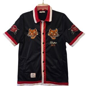 DOPE International Embroidered Tiger Rose Button Up Shirt Men's Med Shirt